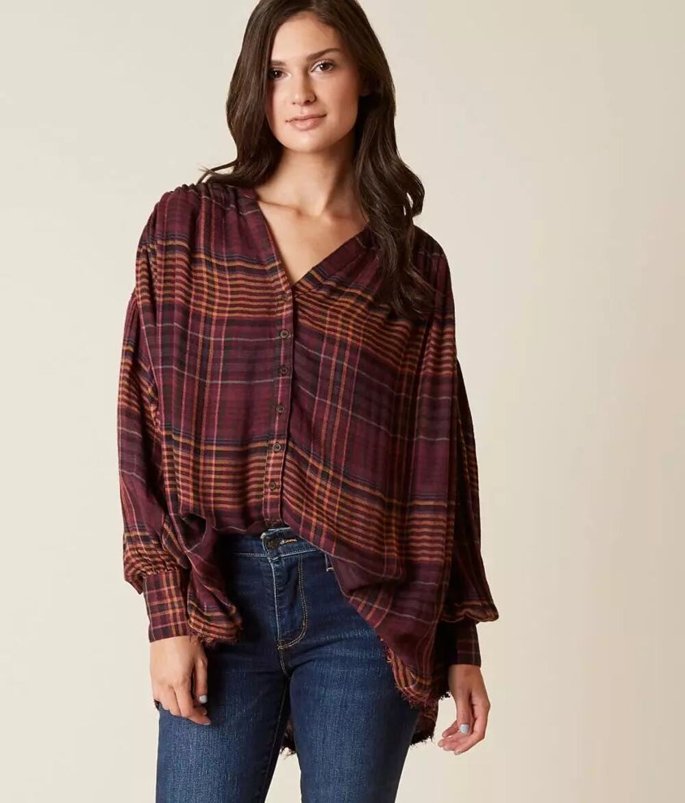 Free People Come On Over Plaid Loose Long Sleeve Button Up Tunic Shirt Top Sz M